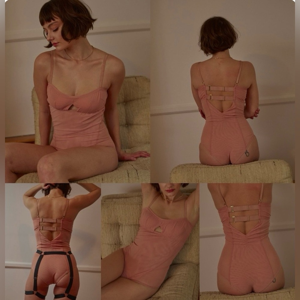 NWT We are HAH Under the Wire Mesh Bodysuit in Copper Rose, Size Medium